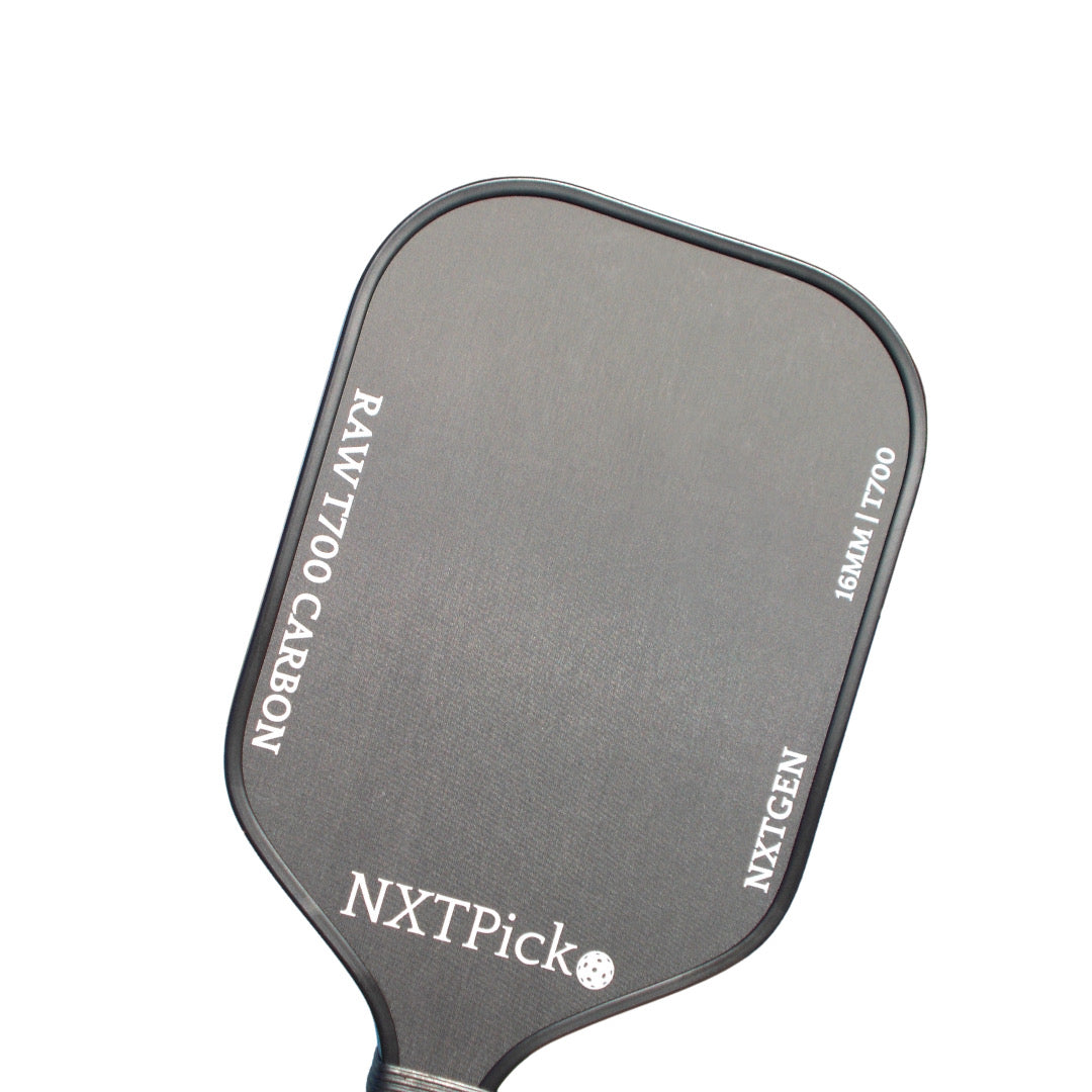 NXTPick NXTGen Pickleball Paddle made with raw T700 carbon fiber, featuring a sleek matte black finish.